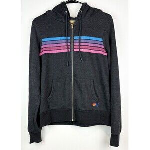 Aviator Nation Charcoal Hoodie with Pink and Blue Stripes